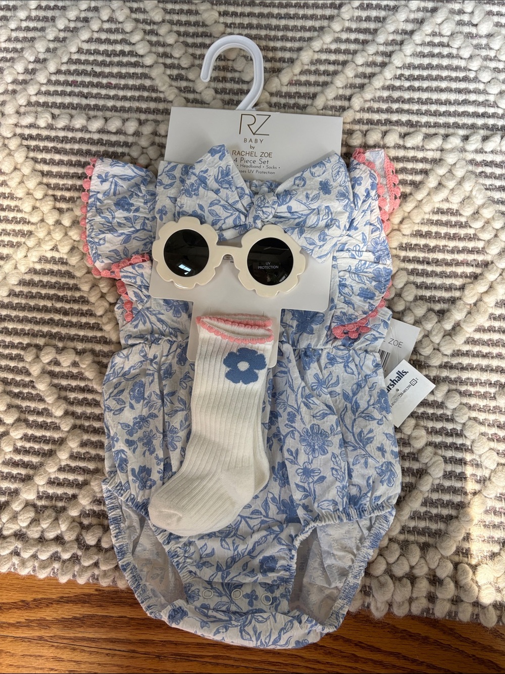 Rachel Zoe Blue Floral Bodysuit Set with Pink Trim